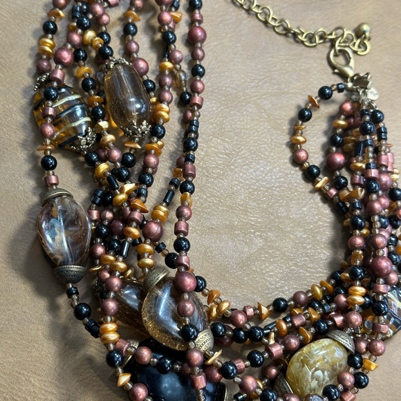 Chicos multi beaded bib, choker necklace, and brown, black brass colors - Picture 8 of 12
